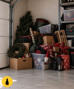 Karácsonyi díszek és dobozok a garázs padlóján